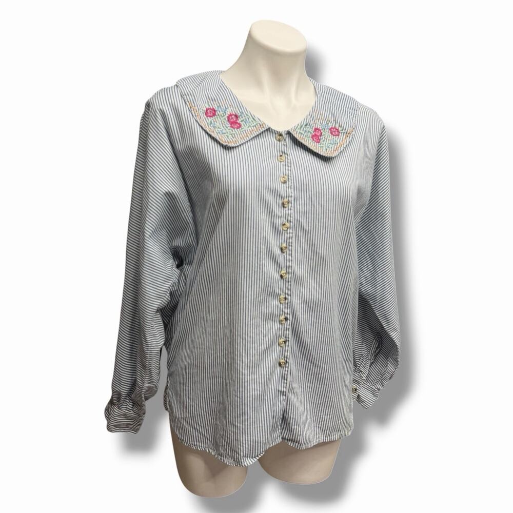 Vtg 90s Womens Shirt Cotton Pinstripe Embroidered Peter Pan Collar Blouse Sz L